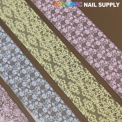 Six pastel lace-design nail art foils in pink, blue, white, and yellow from Dynamic Nail Supply.