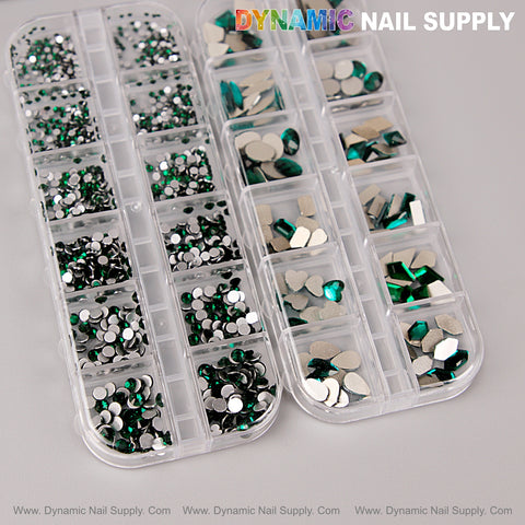 [Green] Multi Shape Size Nail Crystal Gem Rhinestone Set—flat back, mixed round/shapes for nail art decoration.