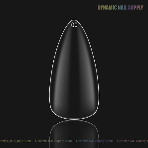 Natural Stiletto (Medium) Full Cover Soft-Gel Nail Tip labeled 00, pink box, on dark background; Dynamic Nail Supply above.