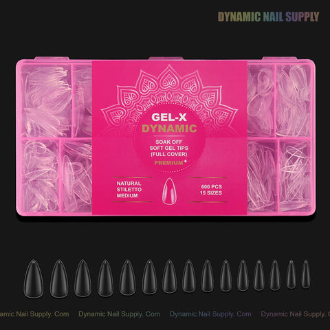 A pink box labeled Natural Stiletto (Medium) holds Full Cover Soft-Gel Nail Tips with 15 sizes displayed below.