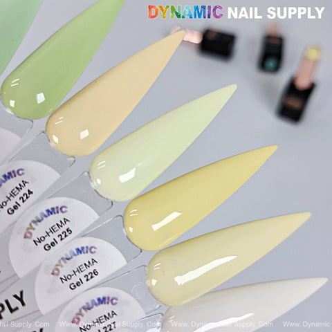 Almond-shaped swatches of Dynamic No-HEMA Gel Polish (Color 221–230), labeled with gel numbers.