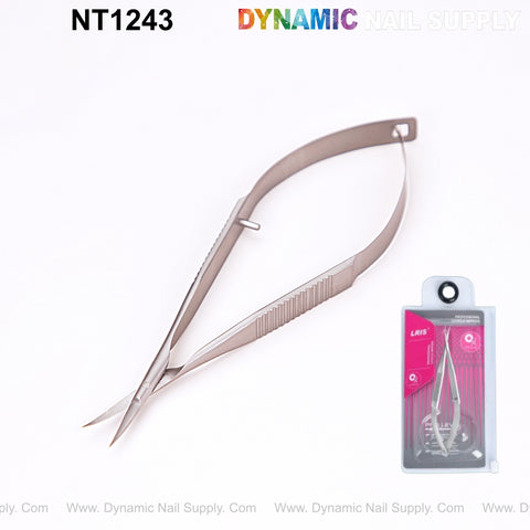 NT1243 Professional Stainless Steel Cuticle Spring Scissors with textured grip, shown in packaging.