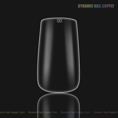 A bottle of black nail polish stands by Sculpted Square (Medium) Full Cover Soft-Gel Nail Tips (Black Box) on black.