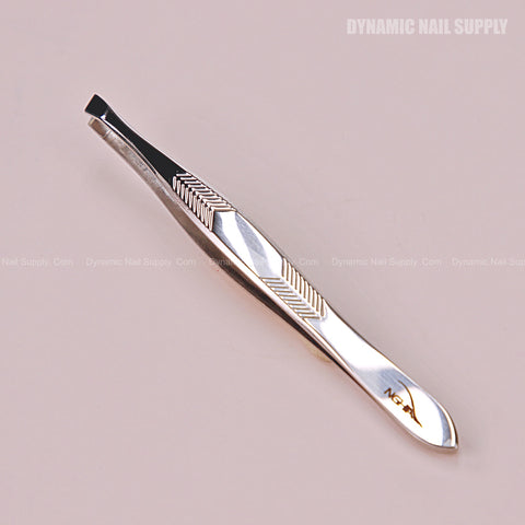 N407 - Professional Tweezers Slanted Head Tweezer Stainless Steel with engraved grip on pink background; Dynamic Nail Supply.
