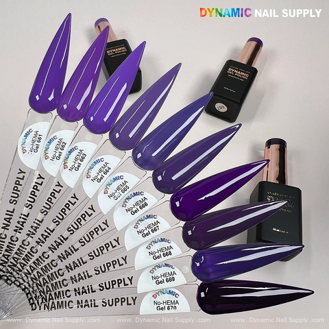 Dynamic No-HEMA Gel Polish 661–670: ten purple gradient swatches with four bottles displayed on a light background.