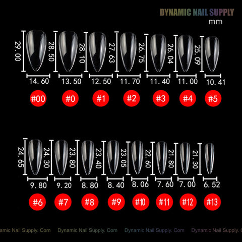 Chart of 12 Natural Stiletto (Medium) Full Cover Soft-Gel Nail Tips, labeled by size, width & length in mm.