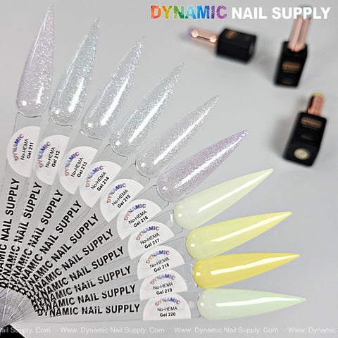 Ten Dynamic No-HEMA Gel Polish swatches (Color 211–220) in sparkly whites and pastel yellows fan out on gray.
