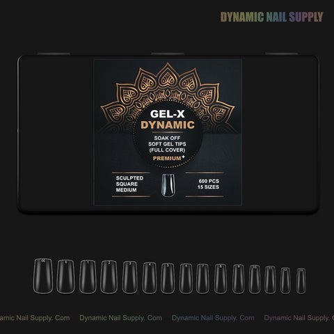 Sculpted Square (Medium) Full Cover Soft-Gel Nail Tips, Black Box: 600 pcs, 15 sizes, samples shown below.