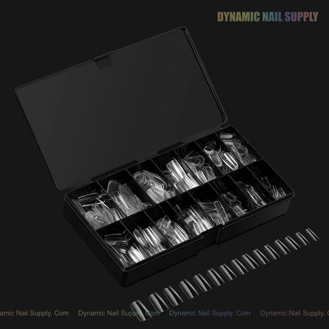 A black box holds Sculpted Square (Medium) Full Cover Soft-Gel Nail Tips, with extra tips displayed in front.