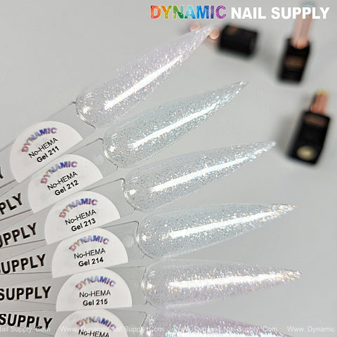 Five nail swatches with Dynamic No-HEMA Gel Polish (Colors 211–215), shimmering white, on a white background.