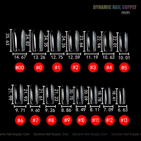 Thirteen Sculpted Square (Medium) Soft-Gel Nail Tips, each size-labeled, arranged on a black background.