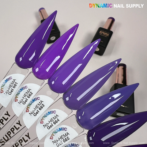 Dynamic No-HEMA Gel Polish 661–665—glossy purple HEMA-free swatches promote nail health by Dynamic Nail Supply.