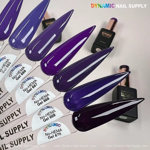 Six Dynamic No-HEMA Gel Polish swatches (shades 661–670), labeled, promote nail health and reduce allergies.