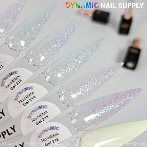 Four sparkly Dynamic No-HEMA Gel Polish swatches (213-216) on clear sticks, shown on a white background.