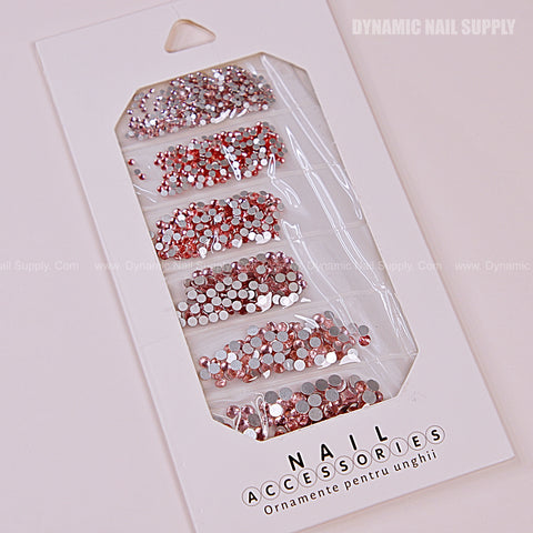 [Light Pink] Rhinestone set Flat Silver Back 6 Round Shapes and Mixed-Sizes