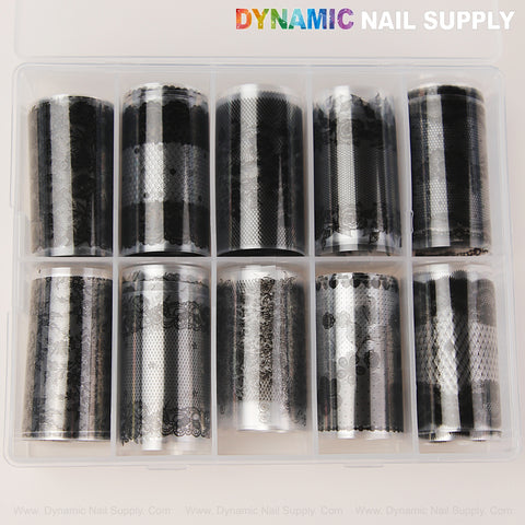 Black Mixed Design Nail Foil 5—ten rolls, easy art designs, clear case, Dynamic Nail Supply logo at top right.