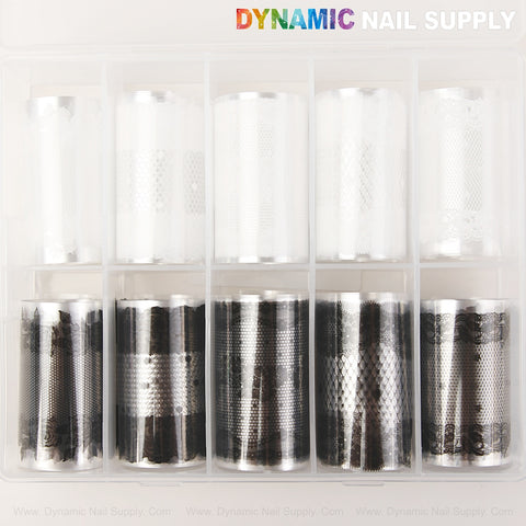 White and Black Lace Nail Foil 2—10 rolls for nail art in a clear DYNAMIC NAIL SUPPLY box.