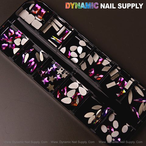 A black organizer holds Fuchsia AB 8 mixed nail gems in 12 shapes; “DYNAMIC NAIL SUPPLY” is above.