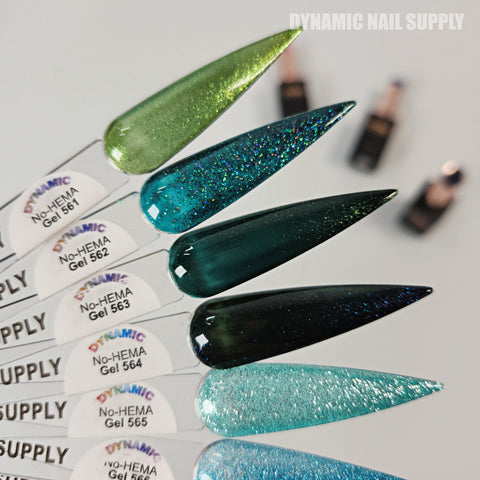 Five pointed swatches in green and teal Dynamic No-HEMA Gel Polish (561–570) with glitter, labeled by gel number.