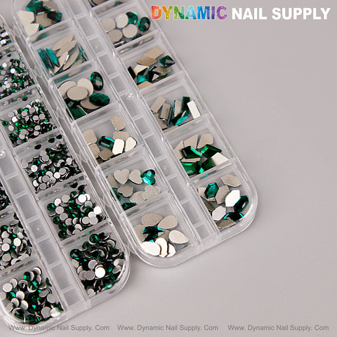 [Green] Multi Shape Size Nail Crystal Gem Rhinestone Set - flat back, mixed shapes, in clear storage kit.