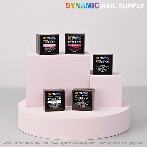 Five No-wipe Ready for Chrome Spider Gel boxes in assorted colors displayed on a three-tier pastel pink stand.
