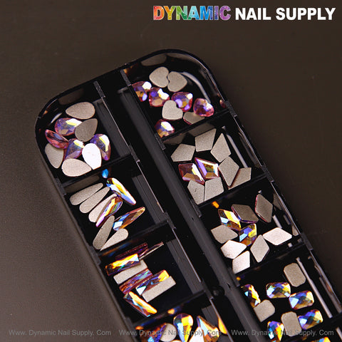 The Volcano AB 7 case holds mixed raindrop, square, heart, and moon nail rhinestone gems in assorted shapes.