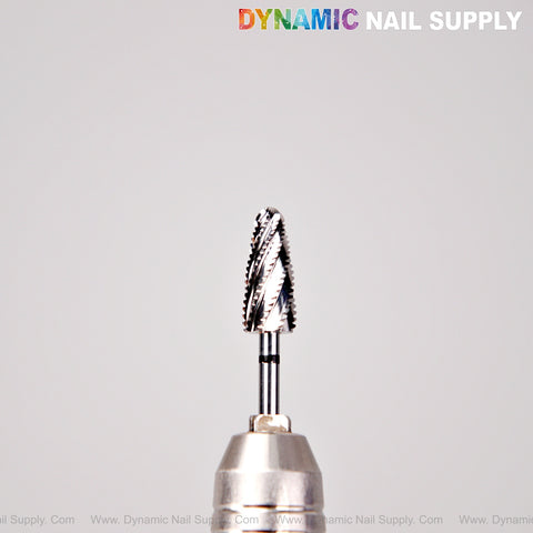 A close-up of the Extra Coarse XC Premium Cross Cut Typhoon Bit on a metallic base, DYNAMIC NAIL SUPPLY above.