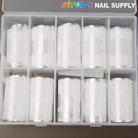 Clear box with 10 rolls of White Mixed Design Nail Foil 4 for trendy nail art, labeled DYNAMIC NAIL SUPPLY.