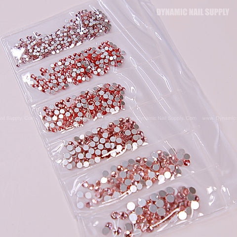 [Light Pink] Rhinestone set Flat Silver Back 6 Round Shapes and Mixed-Sizes