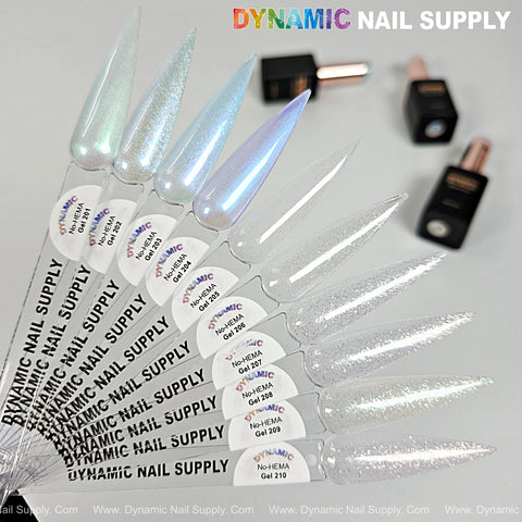 Admire long, pointed swatches in shimmer shades; Dynamic No-HEMA Gel Polish 201–210 bottles shown in background.