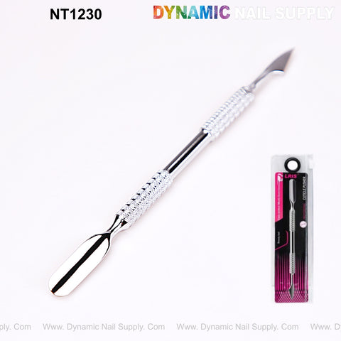 NT1230 Professional Double-Function Cuticle Pusher with textured grip; packaging pictured lower right.