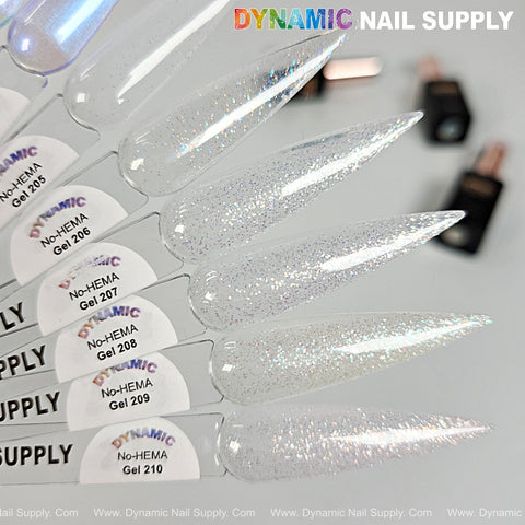 Six Dynamic No-HEMA Gel Polish swatches, shades 206-210, shown on sticks; blurred bottles in the background.