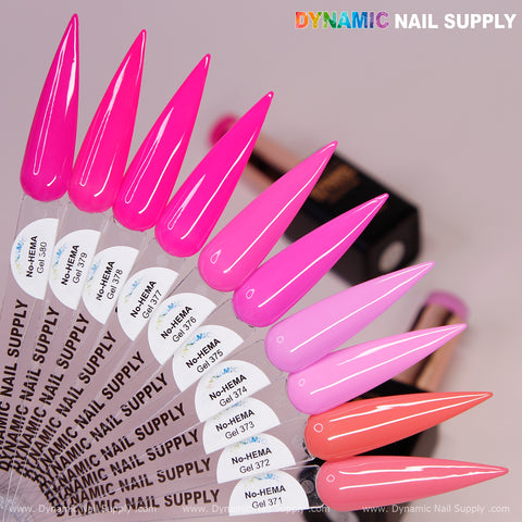 Ten pink hues from the Dynamic No-HEMA Gel Polish 371–380 fan out on labeled sticks for healthy nails.