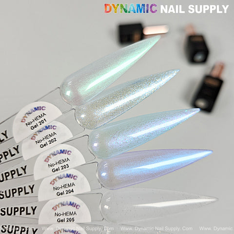 Four Dynamic No-HEMA Gel Polish colors (201–210) on swatch sticks; blurred bottles visible in the background.