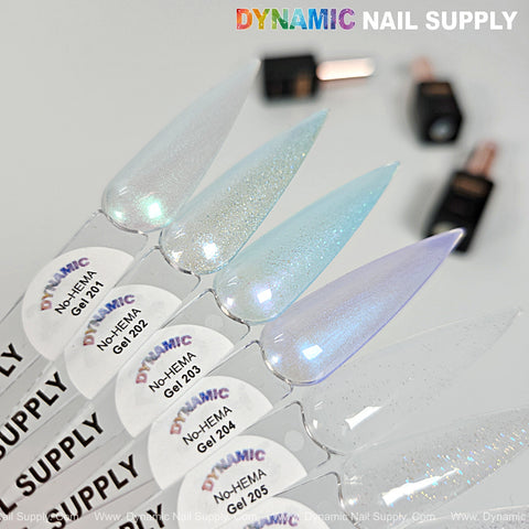Five shimmery Dynamic No-HEMA Gel Polish swatches (Color 201–210), labeled by shade with blurred bottles behind.