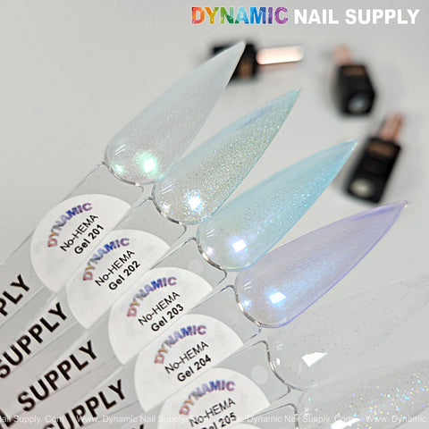 Five pastel Dynamic No-HEMA Gel Polish swatches (201–210), labeled by number, with blurred bottles in the background.