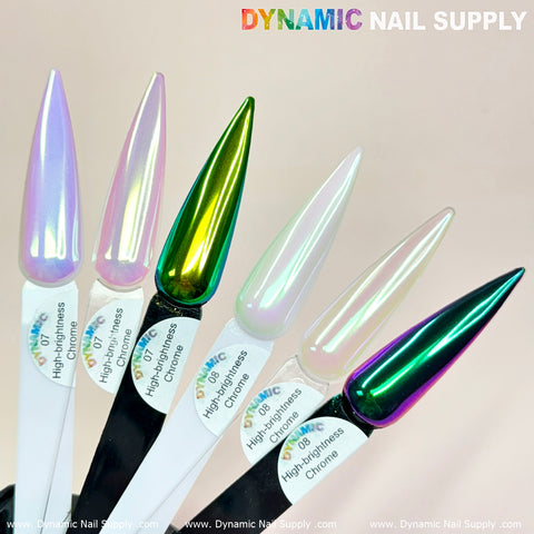 A collection of six elongated, pointed nail samples is presented on white sticks, featuring an exquisite nails design. The colors transition from iridescent white and pink to a striking green and chrome, accentuated with Light-green/Purple/Mermaid Iridescent Chrome #08 - High brightness Fine Pigment Powder. Each label reads "High Chromeness, 08," with the brand name Dynamic Nail Supply elegantly printed at the top against a soft gradient background.