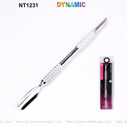 The NT1231 Double-Function Cuticle Pusher is shown next to Dynamic Nail Supply packaging; features a textured grip.
