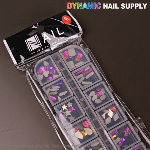 A package of [Fuchsia AB 8] Mixed 12 Shapes Nail Rhinestone Gems for nail art from DYNAMIC NAIL SUPPLY.