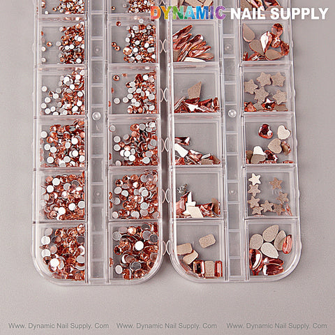 [Rose Gold] Multi Shape Size Nail Crystal Gem Rhinestone Set—flat back kit with mixed round & various shaped gems in case.
