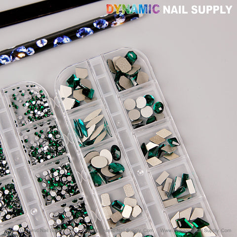 [Green] Multi Shape Size Nail Crystal Gem Rhinestone Set—flat back, mixed shapes/sizes, includes kit and clear organizer.