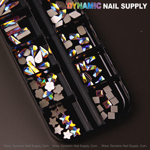 The Volcano AB 7 tray holds mixed 12 raindrop, square, heart, and moon-shaped nail art rhinestone gems.