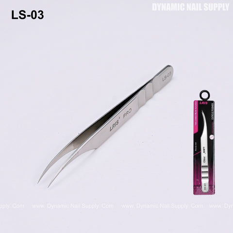 LS-03 Silver Slant Curved Tip Tweezers for crafts, soldering, jewelry, lash extensions; shown in sleek box on white.