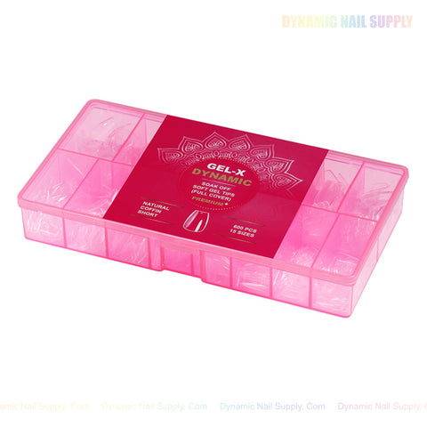 A pink box labeled Natural Coffin (Short) holds clear soft-gel coffin nail tips in organized compartments.