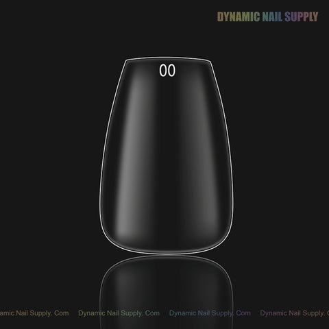 Natural Coffin (Short) Full Cover Soft-Gel Nail Tips (Pink Box) shown on a dark background with branding in corners.