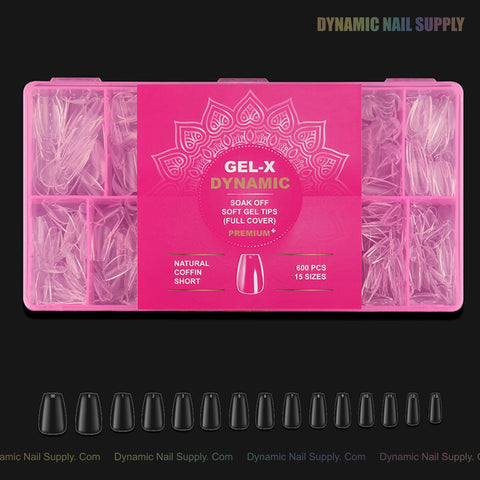 A pink box of Natural Coffin (Short) Full Cover Soft-Gel Nail Tips, 600 tips sorted by size in clear compartments.
