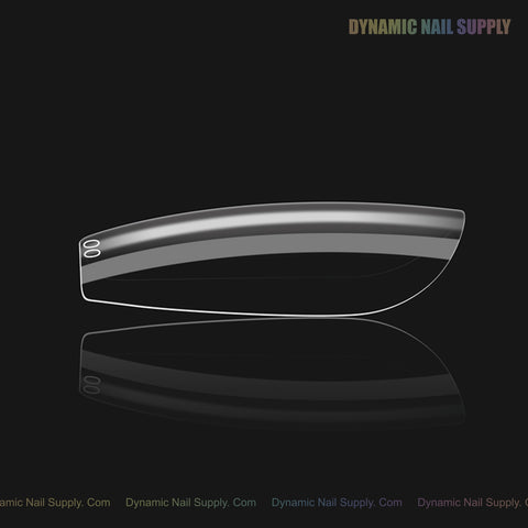 Natural Coffin (Short) Full Cover Soft-Gel Nail Tips (Pink Box), glossy, oval holes, reflected on black background.