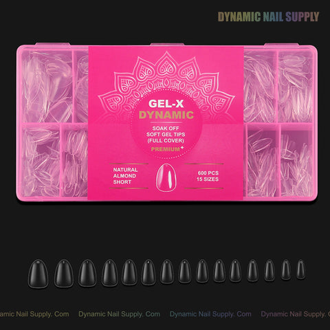 Natural Almond (Short) Full Cover Soft-Gel Nail Tips (Pink Box) holds 600 tips in 15 sizes, on a black background.
