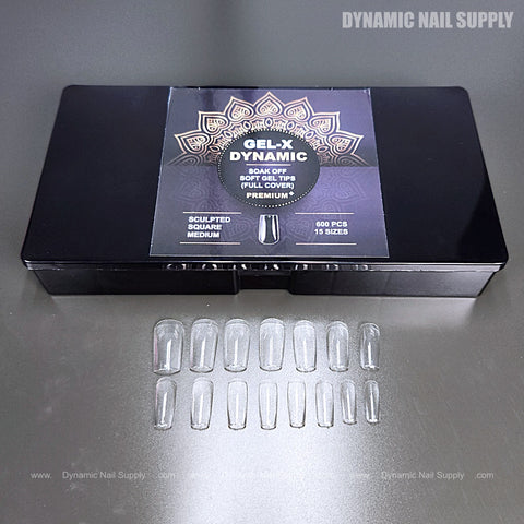 Black box labeled Sculpted Square (Medium) Full Cover Soft-Gel Nail Tips displayed with nail tips in front.