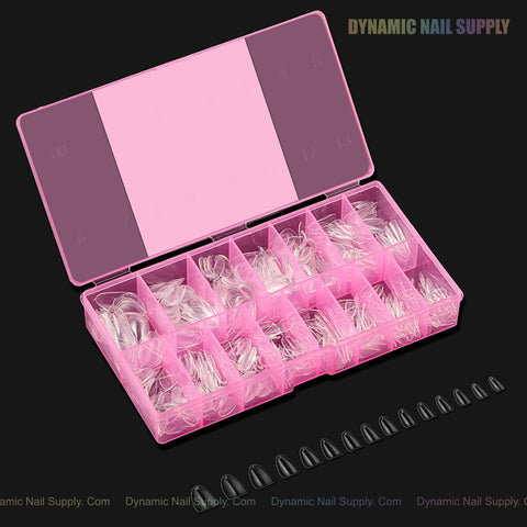 A pink box of Natural Almond (Short) Full Cover Soft-Gel Nail Tips with organized compartments.